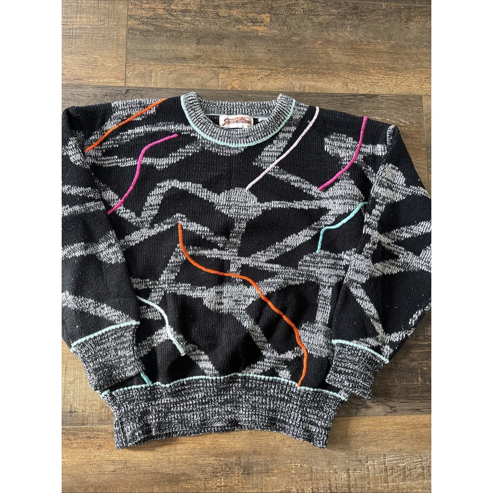 Vintage 80's Sterling Harris Abstract Neon Electric Sweater Medium Saved By Bell